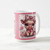 カスタム ベビー ハイランド コー ピンクのヒョウ柄リボン付き コーヒーマグカップ (正面右)