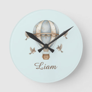 カスタム ベビー ボーイ 名前 水彩 ヴィンテージ ホットエア 気球 ラウンド壁時計