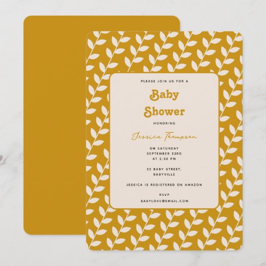 カスタム マスタード 70年代 レトロ リーフ ベビー シャワー 招待状 (正面/裏面)