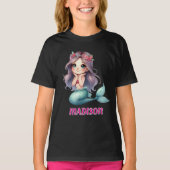 カスタム マーメイド ガールズ ネーム ブラック Tシャツ (正面)