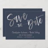 カスタム ミニマリスト ネイビー シルバー箔 Save the Date 招待状 (正面/裏面)
