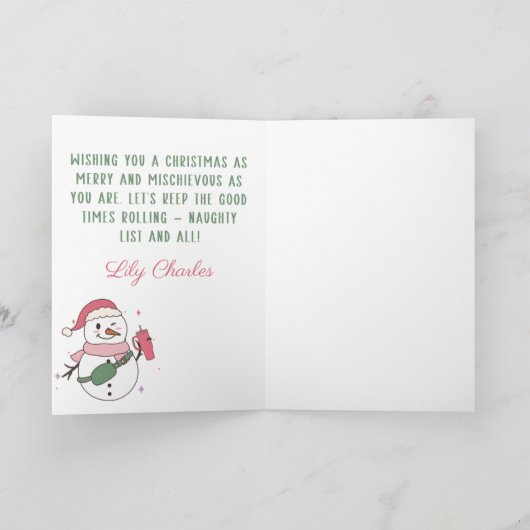 カスタム メリークリスマス ピンクの雪だるま 友達へのプレゼント シーズンカード (内部)