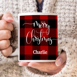 カスタム、メリークリスマス、赤と黒の格子縞 コーヒーマグカップ