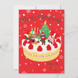 カスタム モダン かわいい クリスマスケーキのクマ 赤 シーズンカード