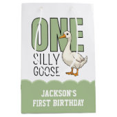 カスタム モダン グリーン ワシルイガチョウ 1歳の誕生日 ミディアムペーパーバッグ (正面)