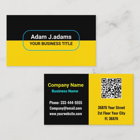 カスタム モダン ビジネス ネーム (QR コード) ブラック & ゴールド 名刺 (正面/裏面)