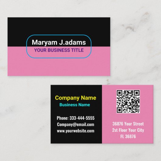 カスタム モダン ビジネス ネーム (QR コード) ブラック & ピンク 名刺 (正面/裏面)