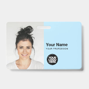 カスタム モダン ID カード シンプル QR 大きな写真 青 バッジ