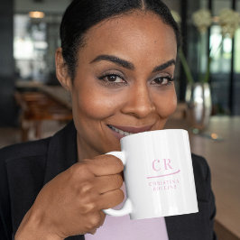 カスタム モノグラム エレガント ミニマル ピンクとホワイト コーヒーマグカップ