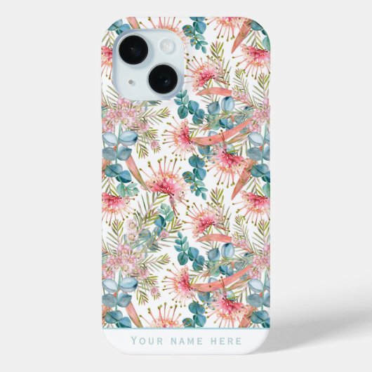 カスタム ユーカリ ブルー&ピンク グレビレア Case-Mate iPhoneケース (裏面)