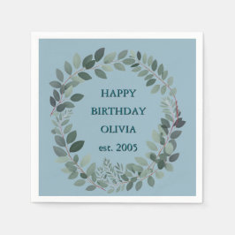 カスタム ユーカリ 水彩 葉 パステルブルー スタンダードカクテルナプキン