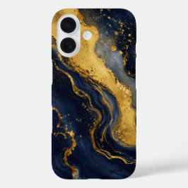 カスタム ラグジュアリー ネイビー ゴールド 抽象 大理石 流体 アート iPhone 16ケース