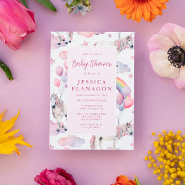 カスタム レインボー バルーン ユニコーン ピンク ベビー シャワー 招待状