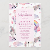 カスタム レインボー バルーン ユニコーン ピンク ベビー シャワー 招待状 (正面)