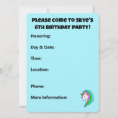 カスタム レインボー ユニコーン 招待状 (裏面)