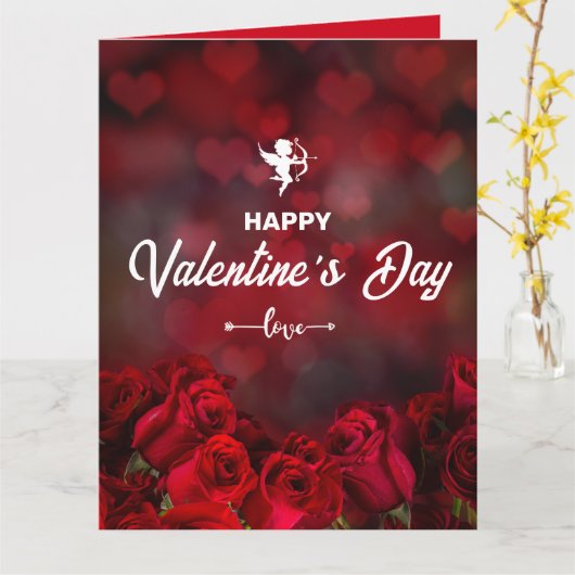 カスタム レッド ローズ キューピッド ロマンチック トレンディ バレンタイン カード (黄色い花)