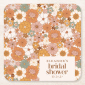 カスタム レトロ テラコッタ ボヘミアンフラワーブライダルシャワー スクエアペーパーコースター (正面)