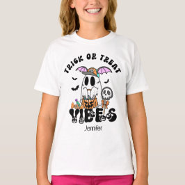 カスタム レトロ トリック オア トリート ビーズ ゴースト キッズ Tシャツ