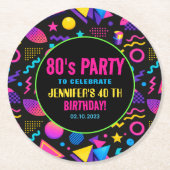 カスタム レトロ ネオン 80年代 誕生日 - 大人の楽しみ ラウンドペーパーコースター (正面)