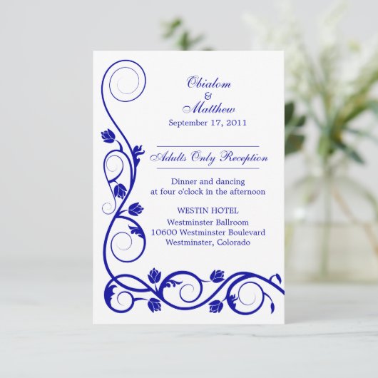 カスタム ロイヤルブルーのスワール レセプションカード 招待状 (スタンド正面)