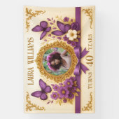 カスタム ロイヤル ゴールド パープル バタフライ バースデー パーティー 横断幕 (縦)