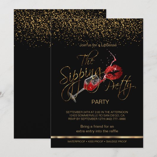 カスタム - ワインとリップスリップセンスパーティー 招待状 (正面/裏面)