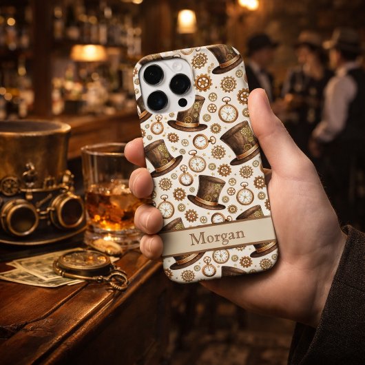カスタム ヴィクトリアン スチームパンク ハットと時計仕掛けの名前 iPhoneケース