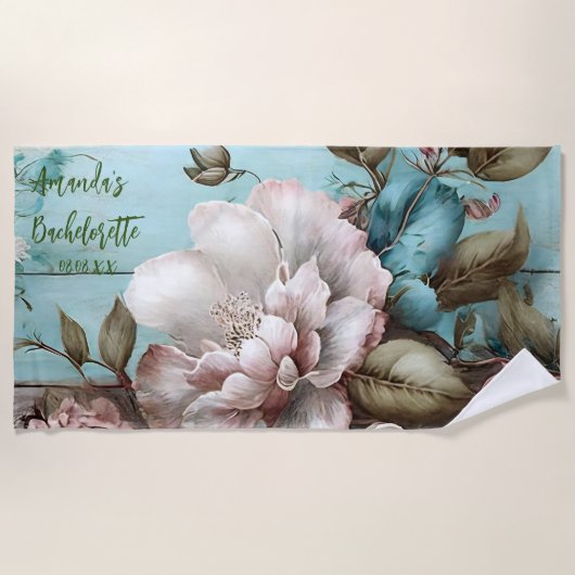 カスタム ヴィンテージ ブルーとホワイト フラワー ブライズメイド  ビーチタオル (正面)