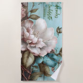 カスタム ヴィンテージ ブルーとホワイト フラワー ブライズメイド  ビーチタオル (正面)