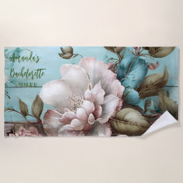 カスタム ヴィンテージ ブルー&ホワイト フラワー バチェロレッテ ビーチタオル