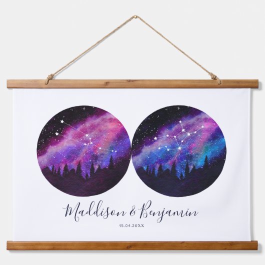 カスタム〔占星術の〕十二宮図カップル占星術 吊り下げ型タペストリー (正面)