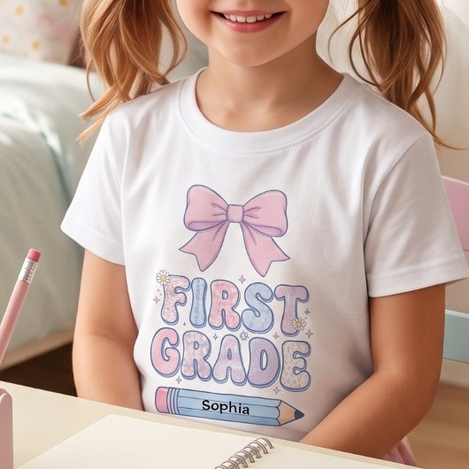 カスタム 小学1年生 初めての学校 ピンク コケット リボン Tシャツ