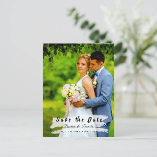 カスタム |日付を保存し、ブラシストロークライトを使用 ポストカード (スタンド正面)