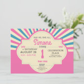 カスタム、最初の誕生日、サーカスのテーマ、ピンク、青 招待状 (スタンド正面)