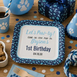 カスタム 犬 誕生日 青い足跡 子犬 ペット ペーパープレート
