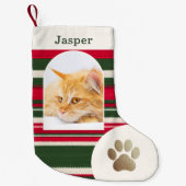 カスタム 猫の写真と名前 赤と緑のストライプ スモールクリスマスストッキング (正面)