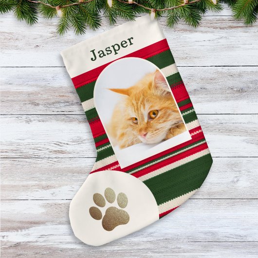 カスタム 猫の写真と名前 赤と緑のストライプ スモールクリスマスストッキング