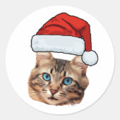 カスタム 猫の顔 写真 サンタ帽子 クリスマス ラウンドシール (正面)