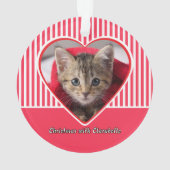 カスタム 猫 写真 ハート クリスマス オブジェ 赤 白 ストライプ オーナメント (裏面)