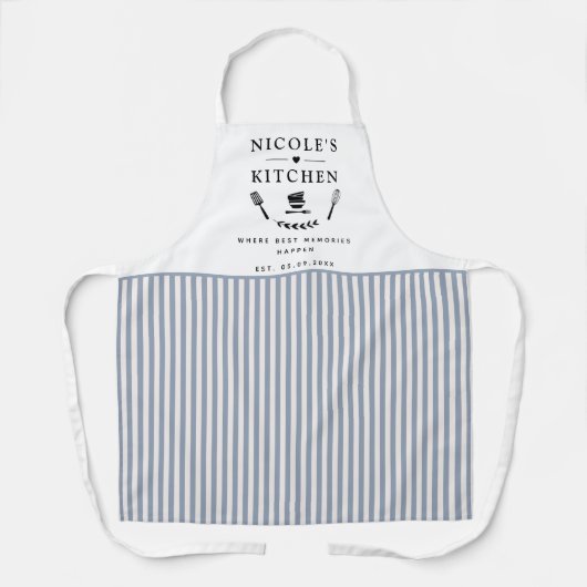 カスタム、白と青のストライプ、ファームハウスキッチン エプロン (正面)