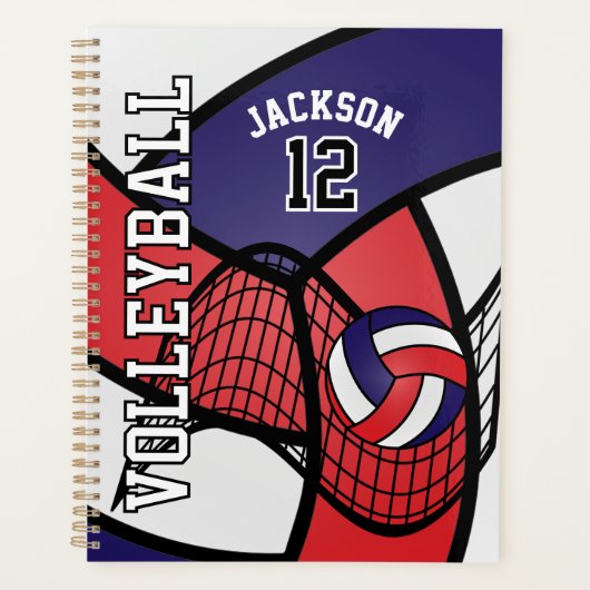 カスタム – 赤、白、およびネイビーブルーのバレーボール プランナー手帳 (正面)
