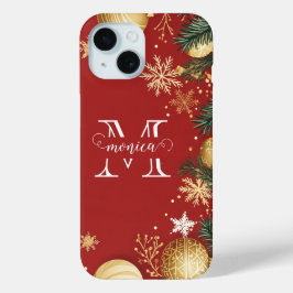 カスタム 赤+金 クリスマス モノグラム 名前入り iPhone 15ケース