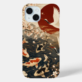 カスタム 高級 和風 鯉 と 鶴 のアート iPhone 15ケース