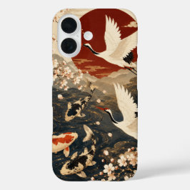カスタム 高級 和風 鯉 と 鶴 アート iPhone 16ケース