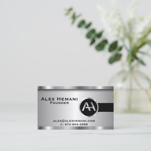 カスタム-黒銀鋼モノグラム 名刺 (スタンド正面)