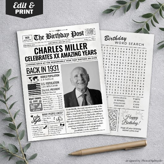 カスタム 1931年 バック・イン・ザ・デイ新聞 誕生日カード トレンド シーズンカード