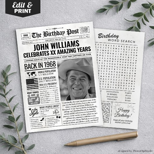 カスタム 1968年当時の新聞 誕生日カード トレンド シーズンカード