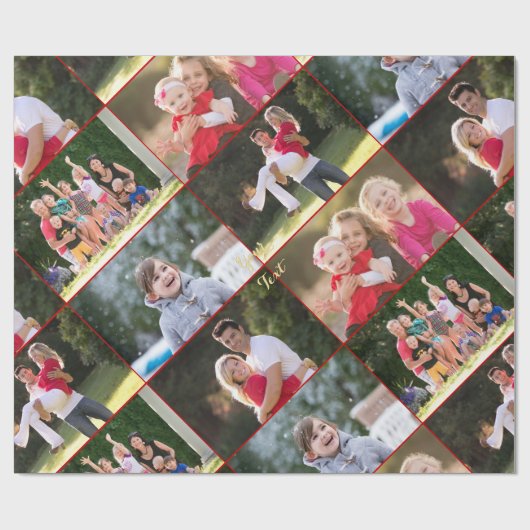 カスタム 5 枚の写真をレッドとゴールドでクリスマス風のコラージュにしよう ラッピングペーパー (フラット)