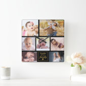 カスタム 7フォトコラージュ金ゴールドファミリー引用文ブラック スクエア壁時計 (ホーム)