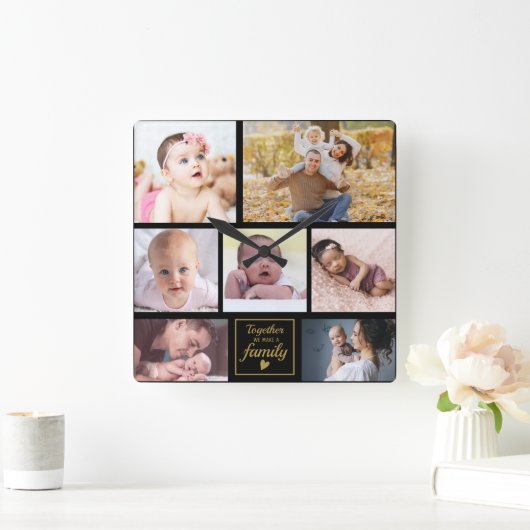 カスタム 7フォトコラージュ金ゴールドファミリー引用文ブラック スクエア壁時計 (ホーム)